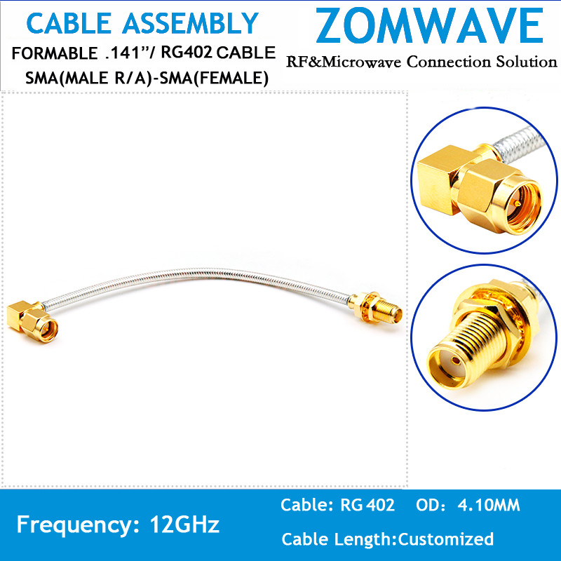 SMA Male RA to SMA Female Bulkhead, Formable .141''RG402 Cable no jacket, 12GHZ