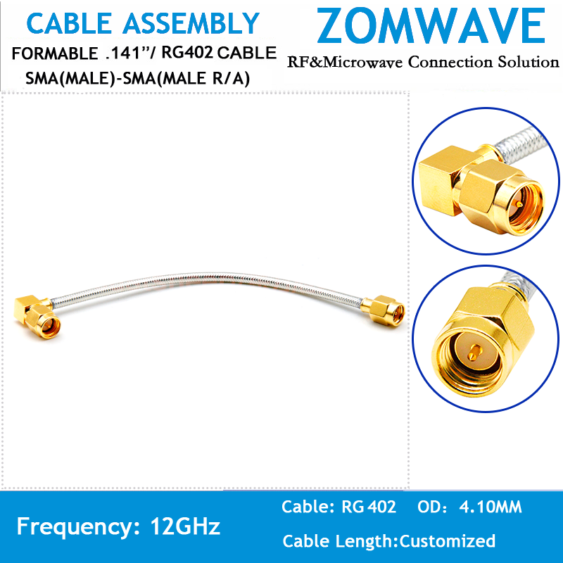 SMA Male to SMA Male Right Angle, Formable .141''RG402 Cable Without Jacket, 12G