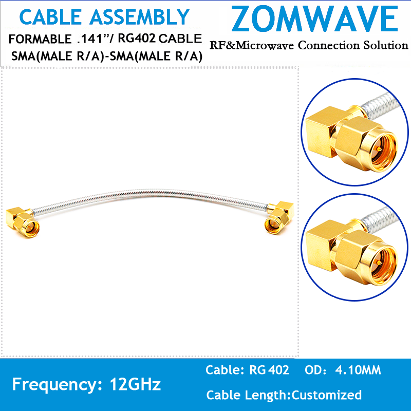 SMA Male Right Angle to SMA Male Right Angle, Formable .141''RG402 Cable Without