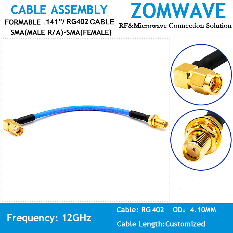 SMA Male Right Angle to SMA Female Bulkhead, Formable .141''RG402 Cable, 12GHz