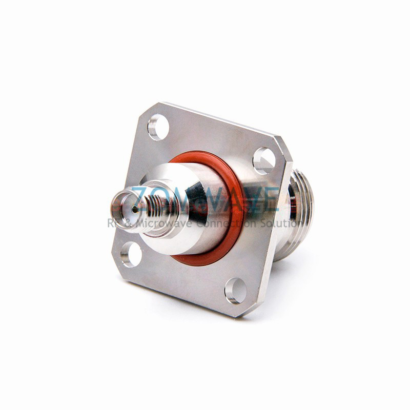 SMA Female to N Type Female Adapter, 4 Hole Flange, 18GHz