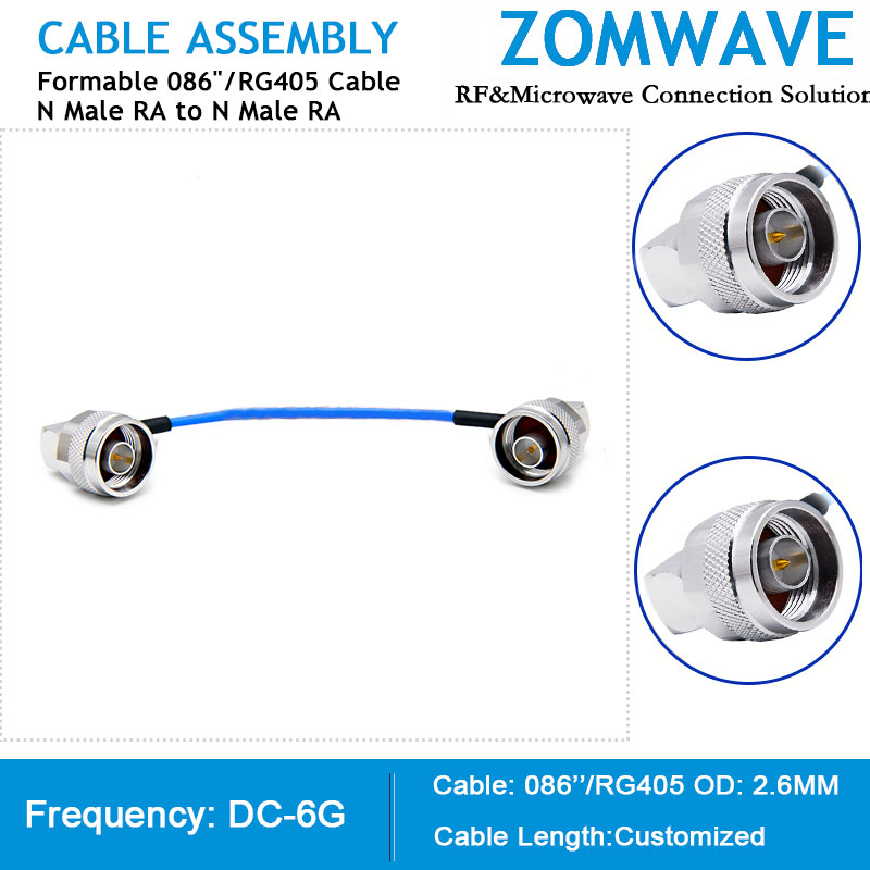 N Type Male RA to N Type Male Right Angle, Formable .086 /RG405 Cable, 6GHZ