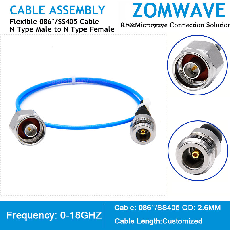 N Type Male to N Type Female, Flexible .086 /SS405 Cable, 18GHz