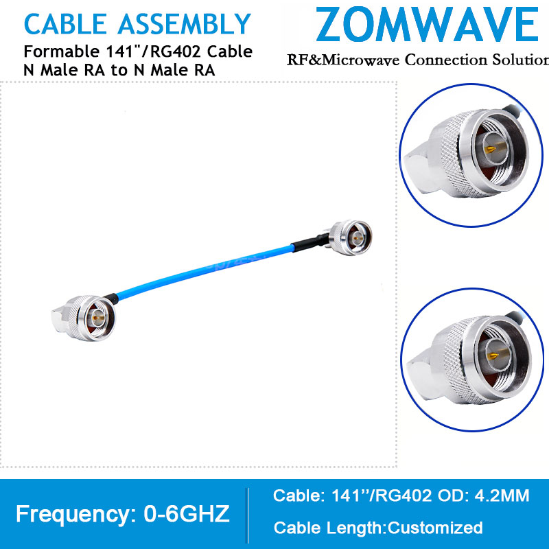 N Type Male RA to N Type Male Right Angle, Formable .141''/RG402 Cable, 6GHZ