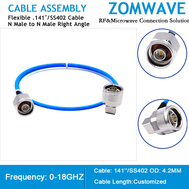 N Type Male to N Type Male Right Angle, Flexible .141''/SS402 Cable, 18GHz,