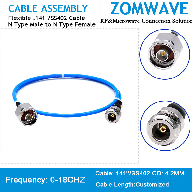 N Type Male to N Type Female, Flexible .141''/SS402 Cable, 18GHz