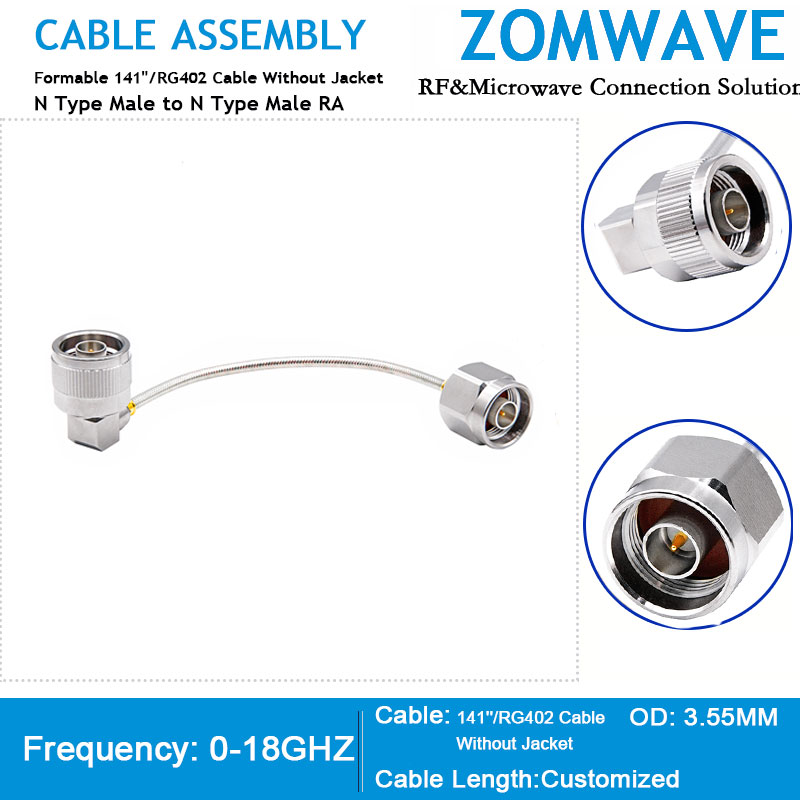 N Male to N Male Right Angle, Formable 141''/RG402 Cable Without Jack, 18GHZ