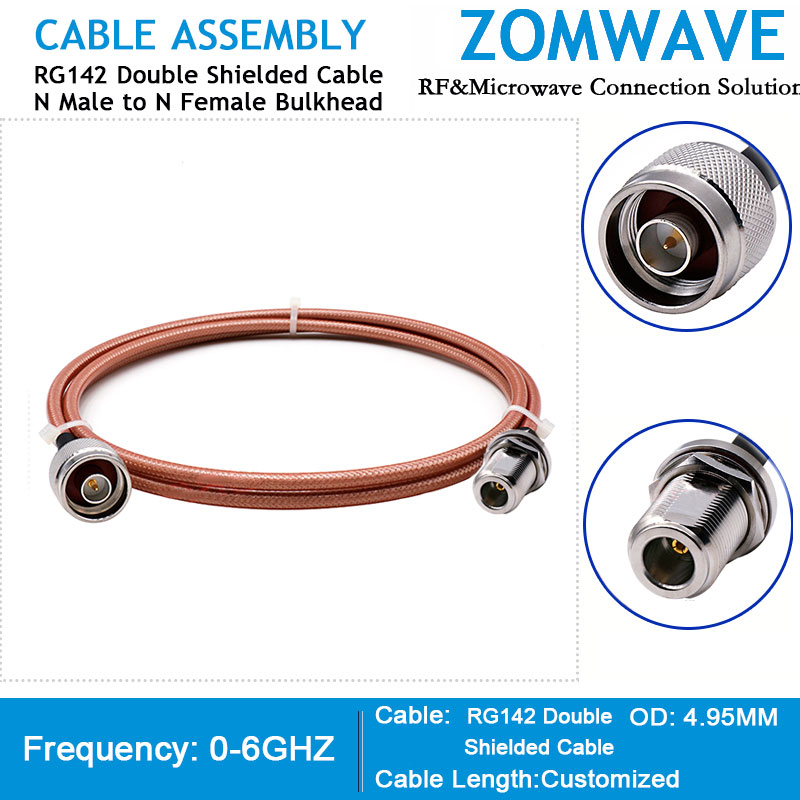 N Type Male to N Type Female Bulkhead, RG142 Double Shielded Cable, 6GHz