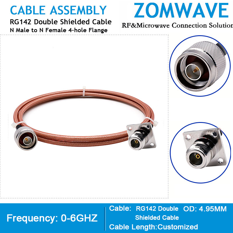 N Type Male to N Type Female 4-hole Flange, RG142 Double Shielded Cable, 6GHz