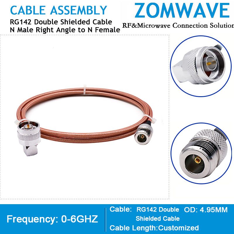 N Type Male Right Angle to N Type Female, RG142 Double Shielded Cable, 6GHz