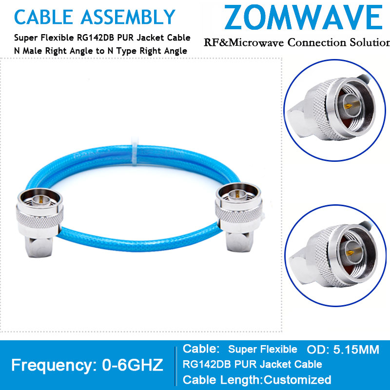 N Type Male Right Angle to N Type Male Right Angle,RG142DB PUR Jacket Cable,6GHZ