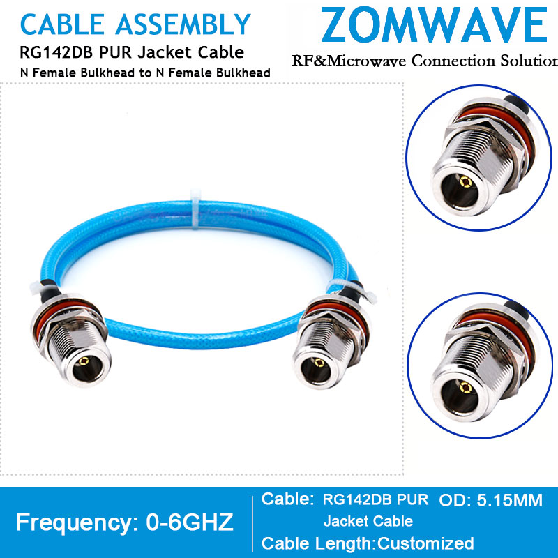 N Type Female Bulkhead to N Type Female Bulkhead, RG142DB PUR Jacket Cable, 6GHz