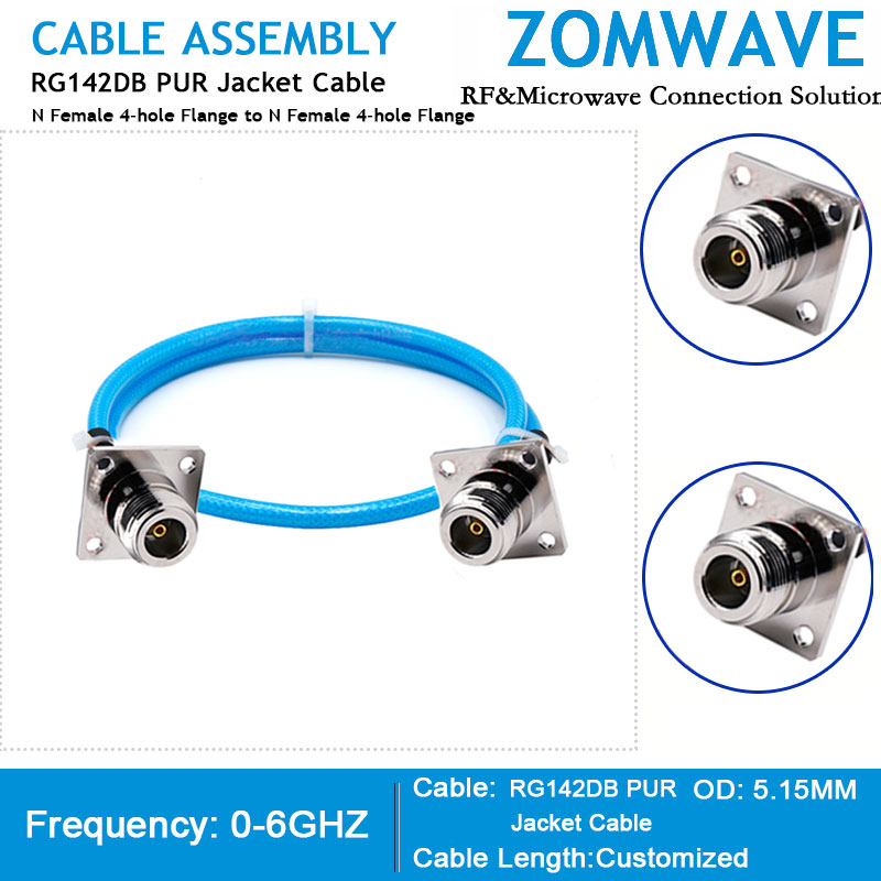 N Female 4-hole Flange to N Female 4-hole Flange, RG142DB PUR Jacket Cable, 6GHZ