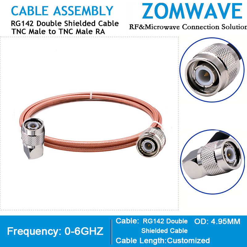 TNC Male to TNC Male Right Angle, RG142 Double Shielded Cable, 6GHz
