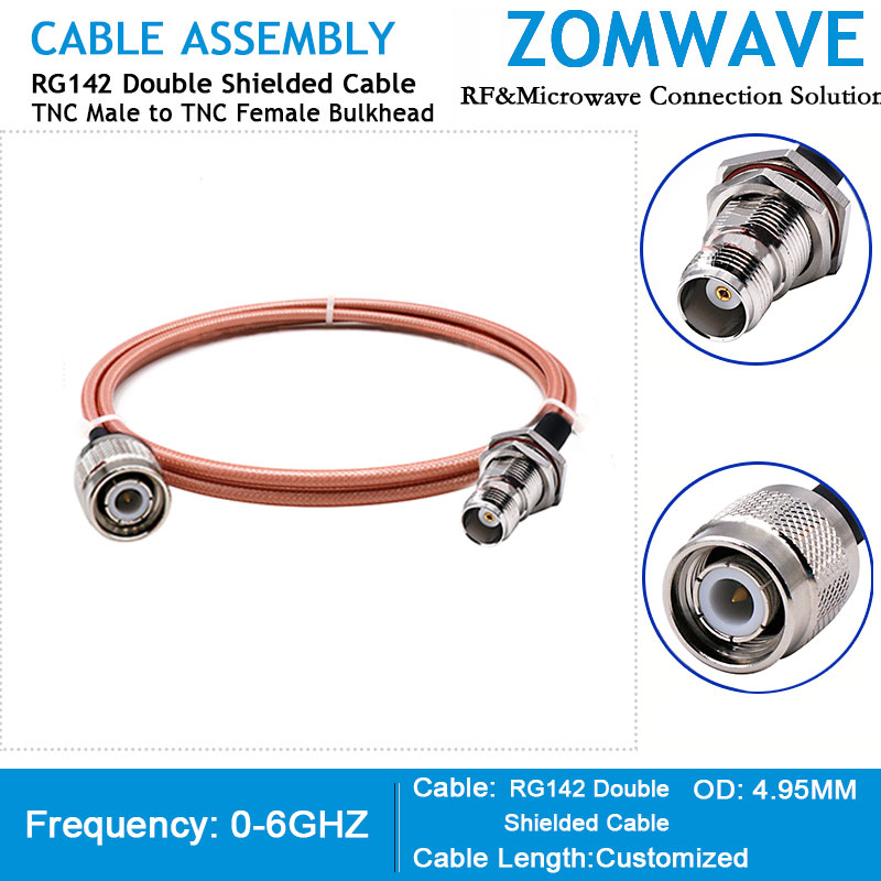 TNC Male to TNC Female Bulkhead, RG142 Double Shielded Cable, 6GHz