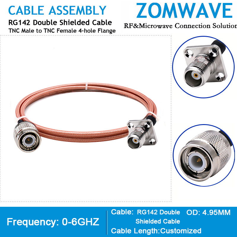 TNC Male to TNC Female 4-hole Flange, RG142 Double Shielded Cable, 6GHz