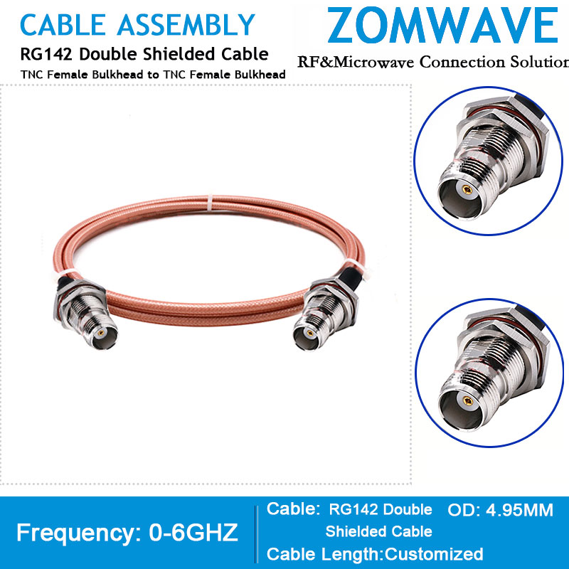 TNC Female Bulkhead to TNC Female Bulkhead, RG142 Double Shielded Cable, 6GHz