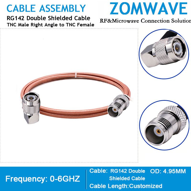 TNC Male Right Angle to TNC Female, RG142 Double Shielded Cable, 6GHz