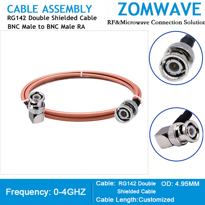 BNC Male to BNC Male Right Angle, RG142 Double Shielded Cable, 4GHz