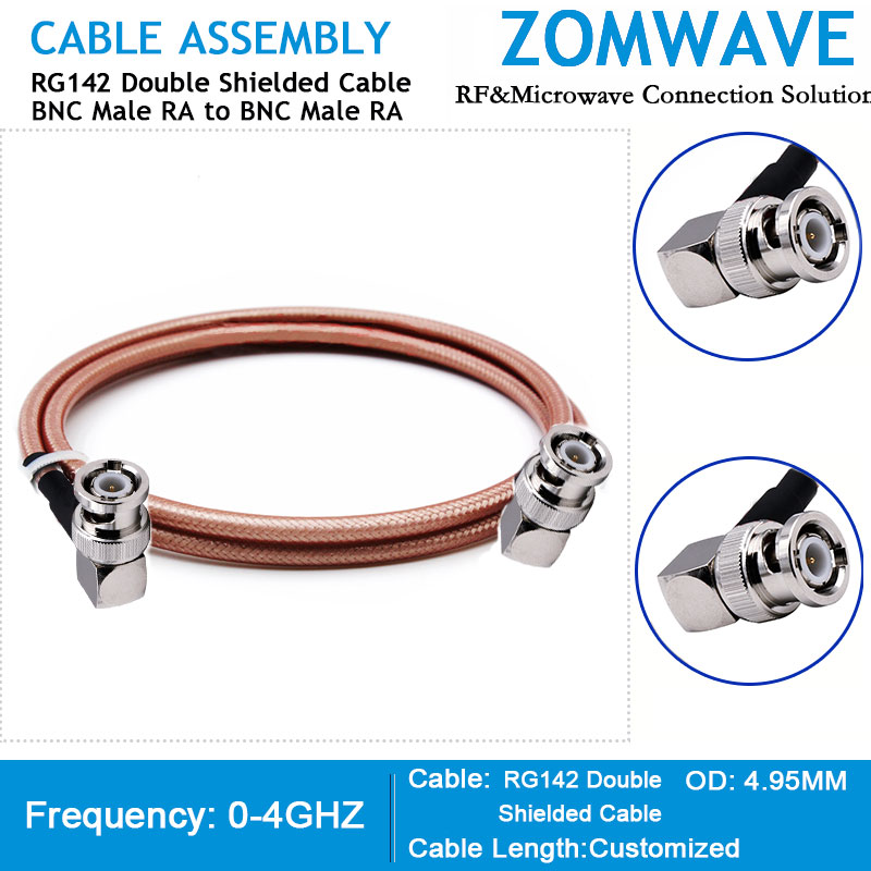 BNC Male Right Angle to BNC Male Right Angle, RG142 Double Shielded Cable, 4GHz