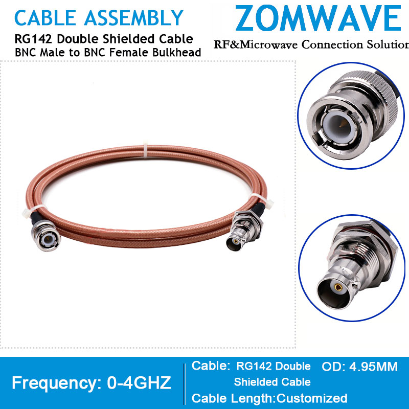 BNC Male to BNC Female Bulkhead, RG142 Double Shielded Cable, 4GHz