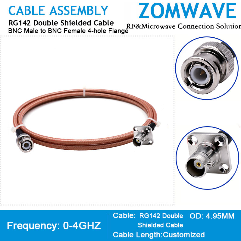 BNC Male to BNC Female 4-hole Flange, RG142 Double Shielded Cable, 4GHz