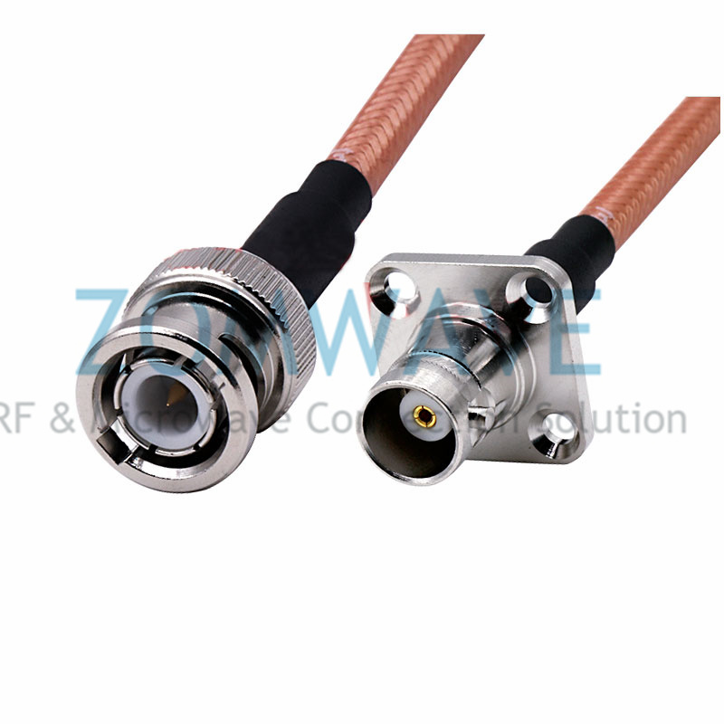 BNC Male to BNC Female 4-hole Flange, RG142 Double Shielded Cable, 4GHz