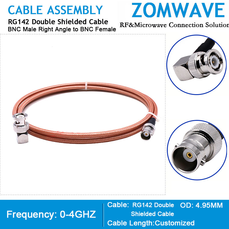 BNC Male Right Angle to BNC Female, RG142 Double Shielded Cable, 4GHz