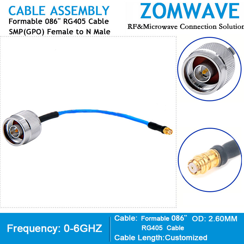 SMP(GPO) Female to N Type Male, Formable .086''_RG405 Cable, 6GHz