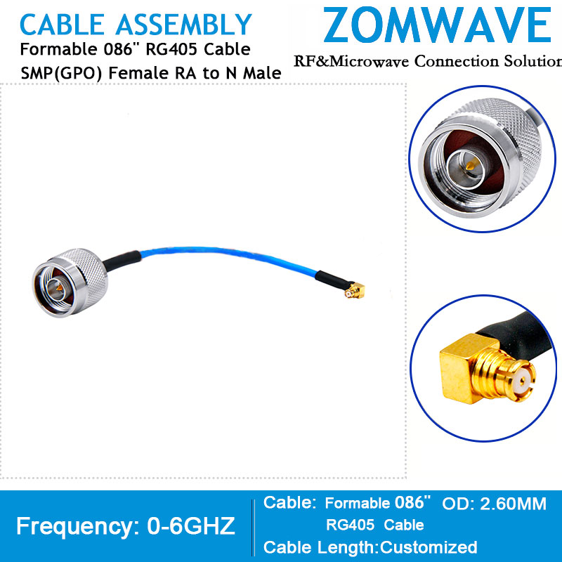 SMP(GPO) Female Right Angle to N Type Male, Formable .086''_RG405 Cable, 6GHz