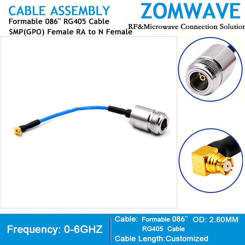 SMP(GPO) Female Right Angle to N Type Female, Formable .086''_RG405 Cable, 6GHz