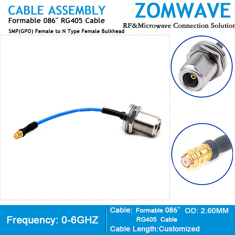 SMP(GPO) Female to N Type Female Bulkhead, Formable .086''_RG405 Cable, 6GHz