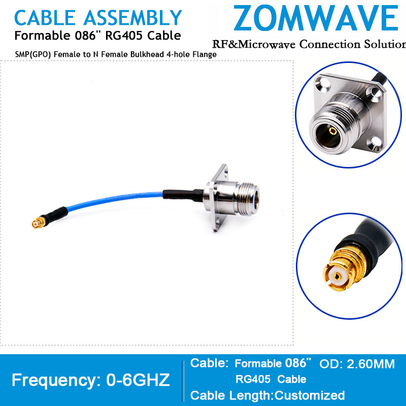 SMP(GPO) Female to N Female Bulkhead 4-hole Flange, Formable .086''_RG405, 6GHZ