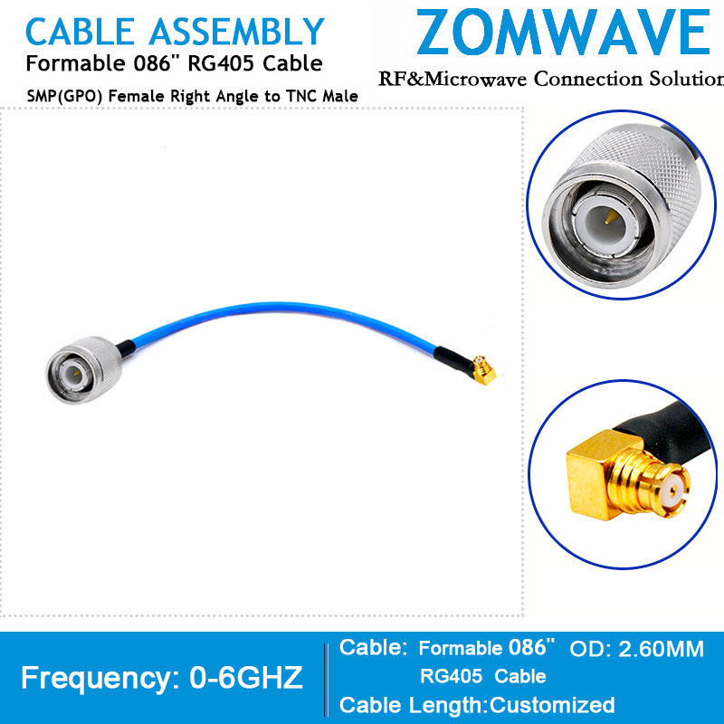 SMP(GPO) Female Right Angle to TNC Male, Formable .086''_RG405 Cable, 6GHz