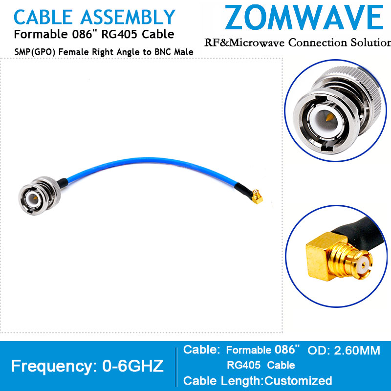 SMP(GPO) Female Right Angle to BNC Male, Formable .086''_RG405 Cable, 6GHz