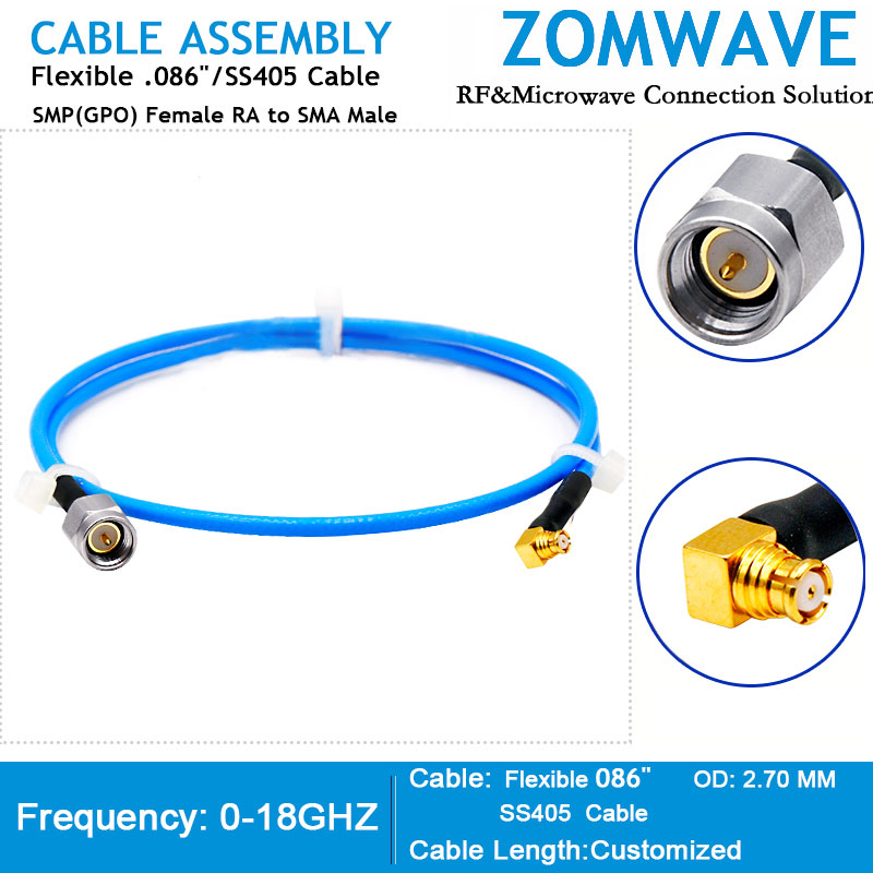 SMP(GPO) Female Right Angle to SMA Male, Flexible .086''/SS405 Cable, 18GHz