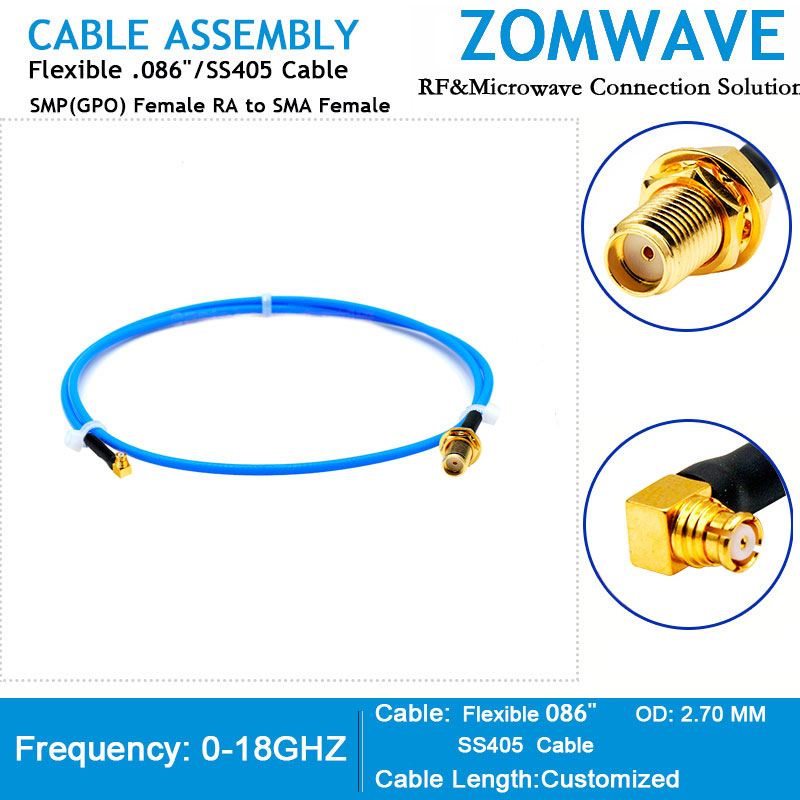 SMP(GPO) Female Right Angle to SMA Female, Flexible .086''/SS405 Cable, 18GHz