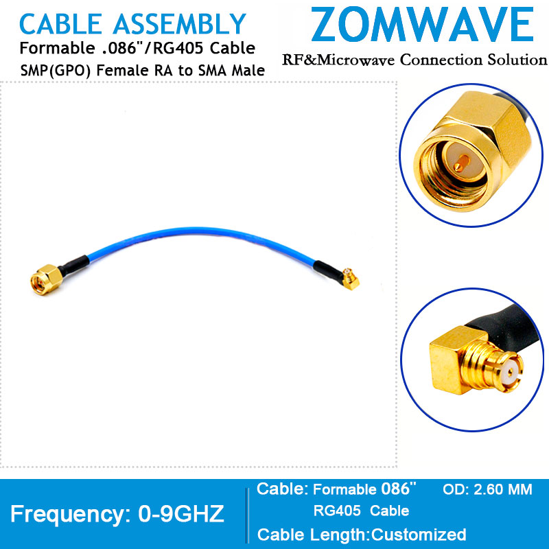 SMP(GPO) Female Right Angle to SMA Male, Formable .086 /RG405 Cable, 18GHz