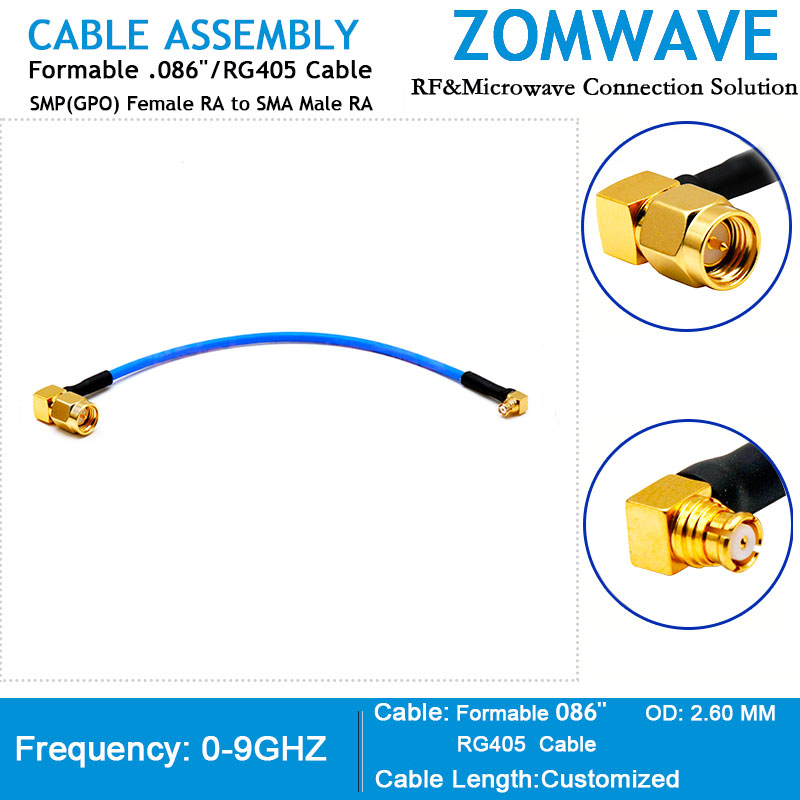 SMP(GPO) Female RA to SMA Male RA, Formable .086''/RG405 Cable,18GHZ