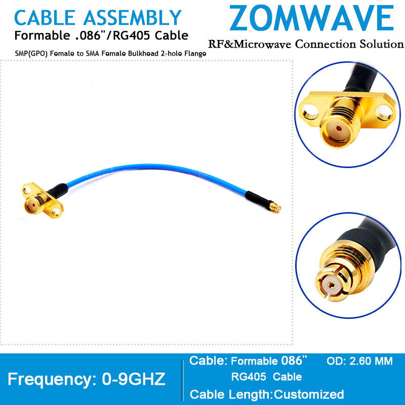 SMP(GPO) Female to SMA Female Bulkhead 2-hole Flange,Formable .086''/RG405, 9GHz