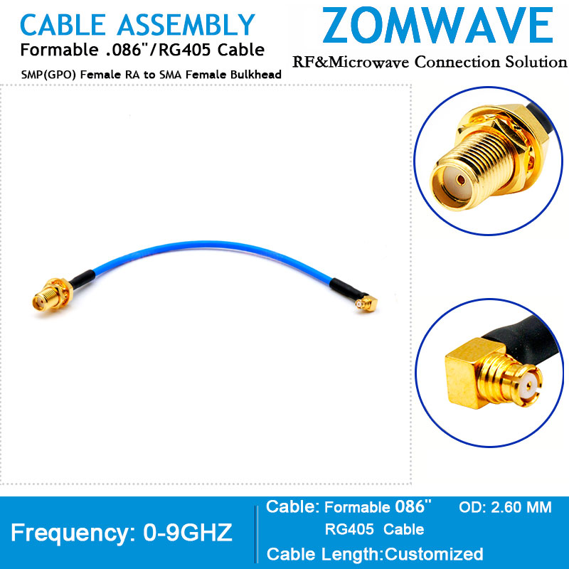 SMP(GPO) Female Right Angle to SMA Female Bulkhead, Formable .086''/RG405 Cable,