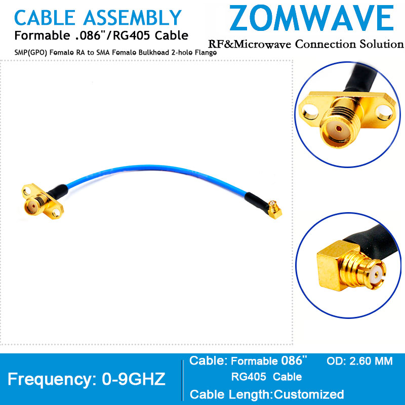 SMP(GPO) Female RA to SMA Female Bulkhead 2-hole Flange,Formable .086'/RG405,9GH