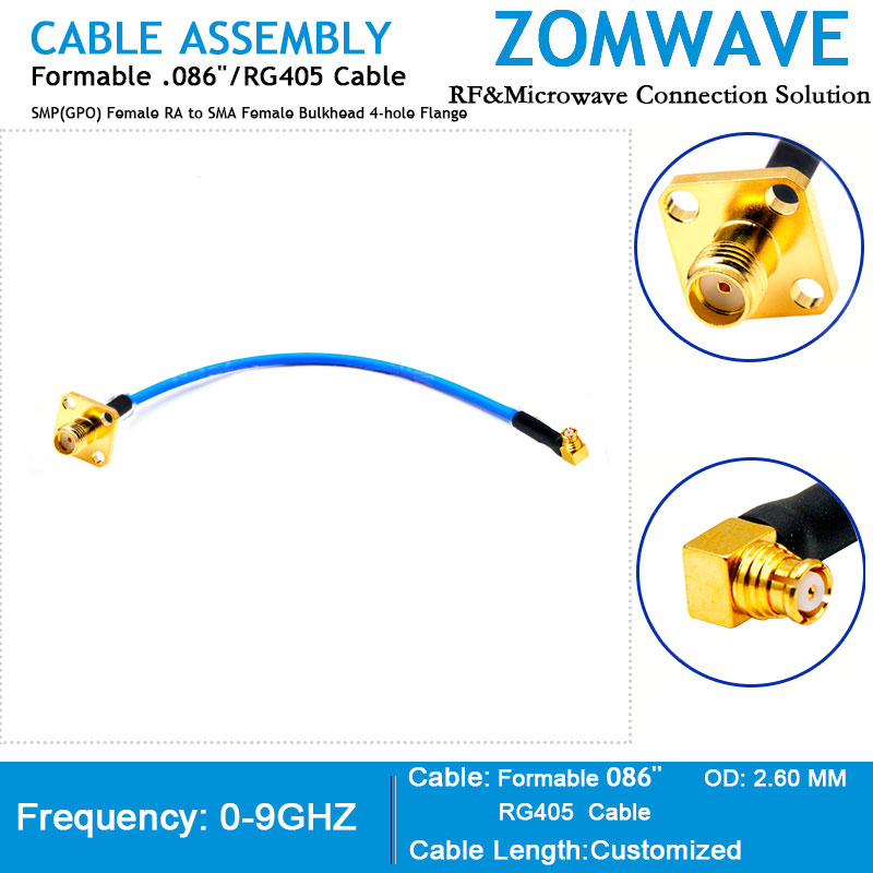 SMP(GPO) Female RA to SMA Female Bulkhead 4-hole Flange,Formable .086'/RG405,18G