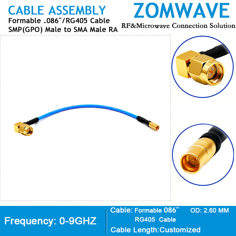 SMP(GPO) Male to SMA Male Right Angle, Formable .086''/RG405 Cable, 9GHz