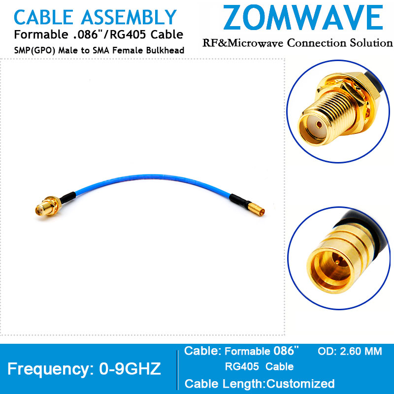 SMP(GPO) Male to SMA Female Bulkhead, Formable .086''/RG405 Cable, 9GHz
