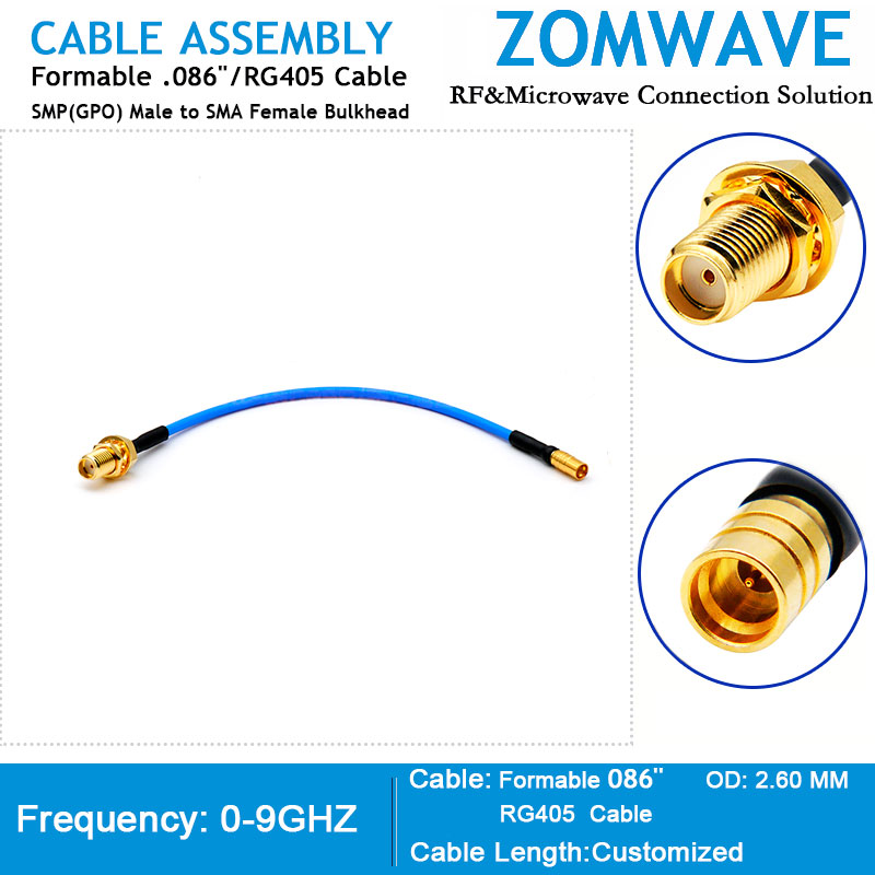 SMP(GPO) Male to SMA Female Bulkhead, Formable .086''/RG405 Cable, 18GHZ