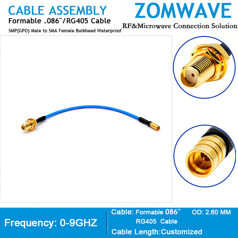 SMP(GPO) Male to SMA Female Bulkhead Waterproof, Formable .086''/RG405, 18GHZ