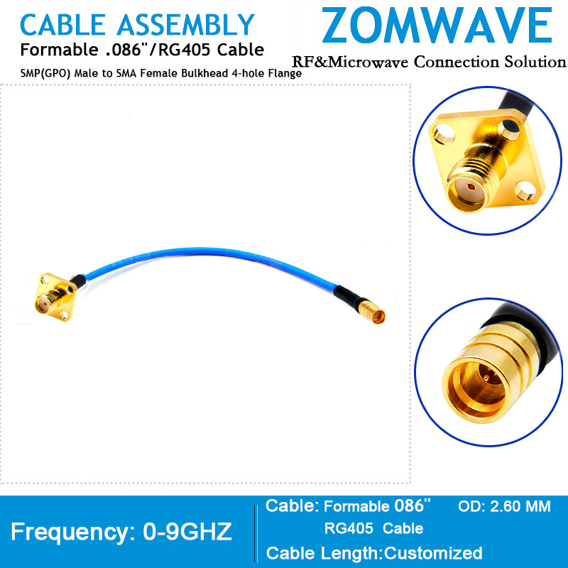 SMP(GPO) Male to SMA Female Bulkhead 4-hole Flange, Formable .086''/RG405, 9GHZ