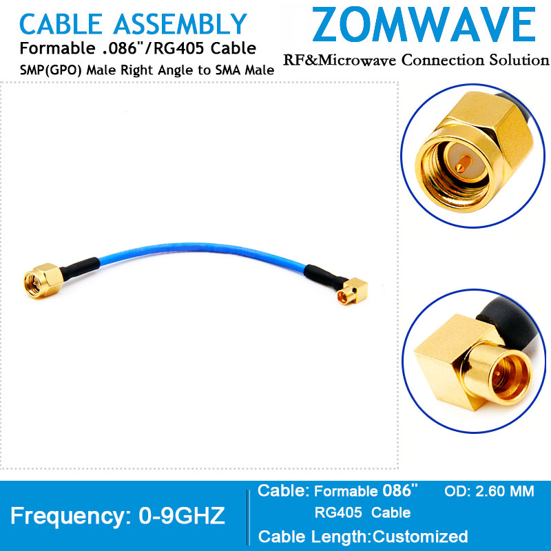 SMP(GPO) Male Right Angle to SMA Male, Formable .086''/RG405 Cable, 9GHz