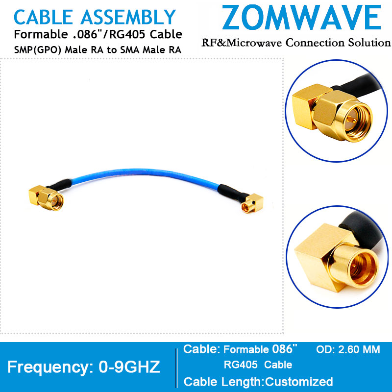 SMP(GPO) Male Right Angle to SMA Male Right Angle, Formable .086''/RG405, 9GHZ